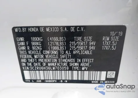 2020 Honda Hr-V Awd Lx from USA, damaged, VIN 3CZRU6H36LM703059